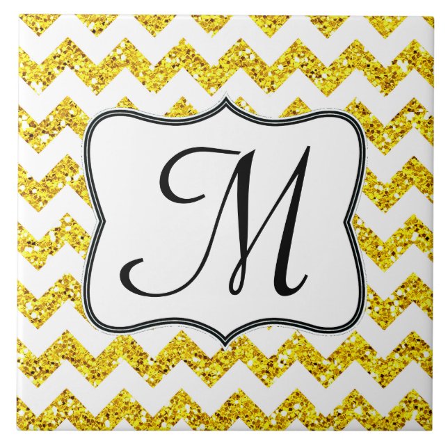 Modern Yello Glitter Chevron Monogram Display Tile (Front)