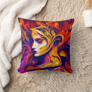 Modern Yellow and Burgundy Abstract Face Painting Cushion