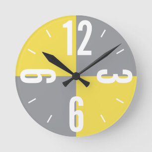 Modern yellow and grey colour blocks large numbers round clock