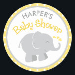 Modern Yellow and Grey Elephant Baby Shower Classic Round Sticker<br><div class="desc">Stylish and sweet baby shower favour sticker features custom text that can be personalised with the mother's name and an adorable newborn baby elephant calf with heart shaped splashes.  Round design includes a pattern of polka dots and includes a modern gender neutral colour scheme of yellow,  grey and white.</div>