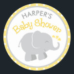 Modern Yellow and Grey Elephant Baby Shower Classic Round Sticker<br><div class="desc">Stylish and sweet baby shower favour sticker features custom text that can be personalised with the mother's name and an adorable newborn baby elephant calf with heart shaped splashes.  Round design includes a pattern of polka dots and includes a modern gender neutral colour scheme of yellow,  grey and white.</div>