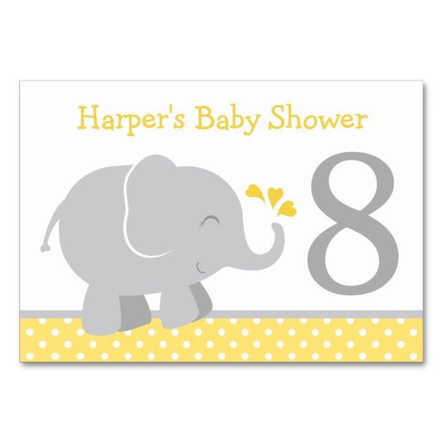Modern Yellow and Grey Elephant Baby Shower Table Number (Back)