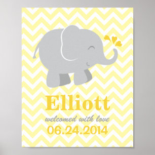 Modern Yellow and Grey Elephant Custom Monogram Poster