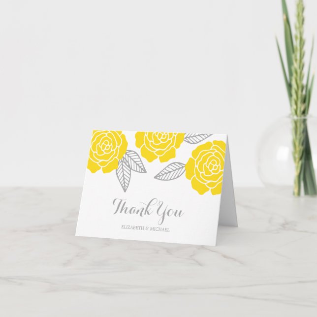 Modern Yellow and Grey Rose Thank You Card (Front)