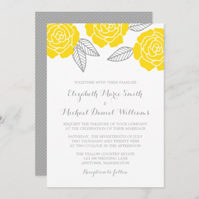 Modern Yellow and Grey Rose Wedding Invitation (Front/Back)