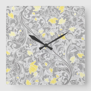 Modern Yellow and Grey Swirly Floral Square Wall Clock