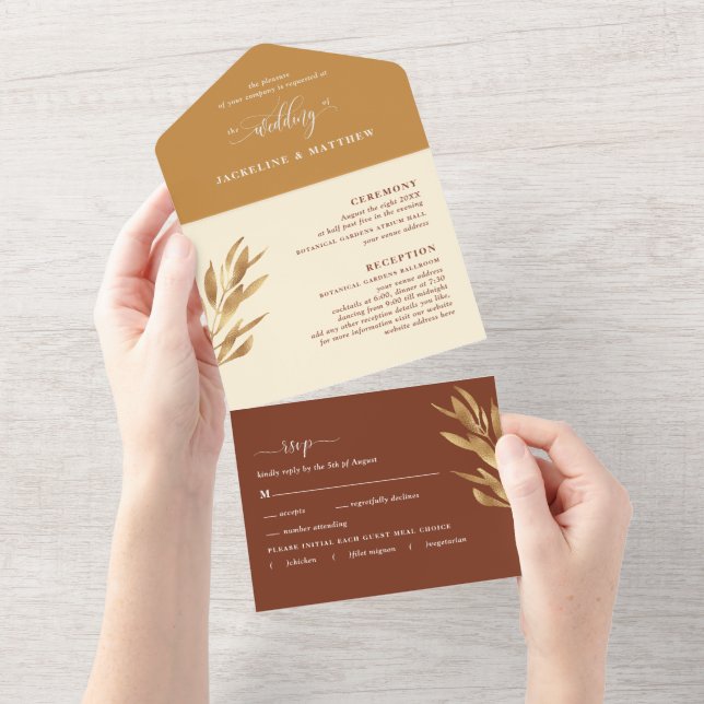 Modern Yellow and Rust Wedding w/ Perforated RSVP All In One Invitation (Tearaway)