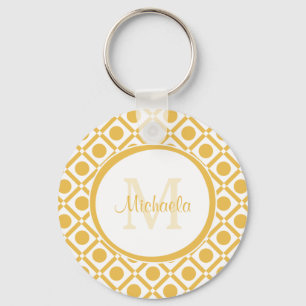Modern Yellow and White Geometric Monogrammed Name Key Ring