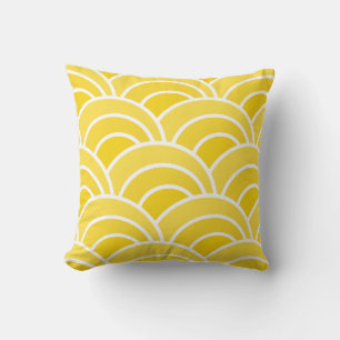 Modern Yellow and White Scalloped Wave Pattern Cushion