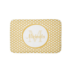 Modern Yellow and White Scallops Monogram and Name Bath Mat