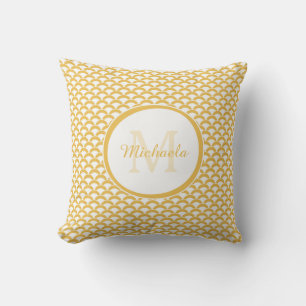 Modern Yellow and White Scallops Monogram and Name Cushion