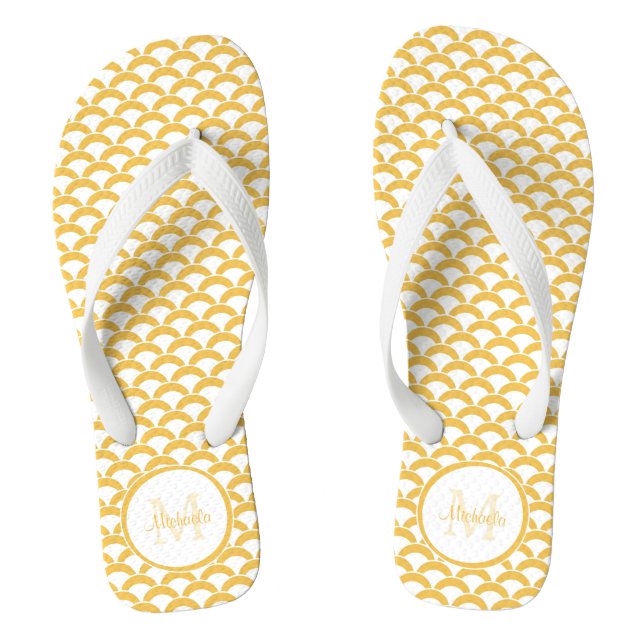 Modern Yellow and White Scallops Monogram and Name Jandals (Footbed)