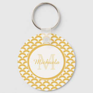 Modern Yellow and White Scallops Monogram and Name Key Ring