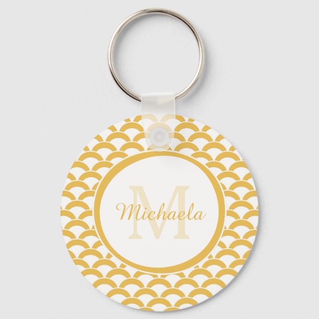 Modern Yellow and White Scallops Monogram and Name Key Ring (Front)