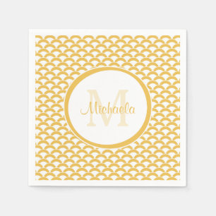 Modern Yellow and White Scallops Monogram and Name Napkin