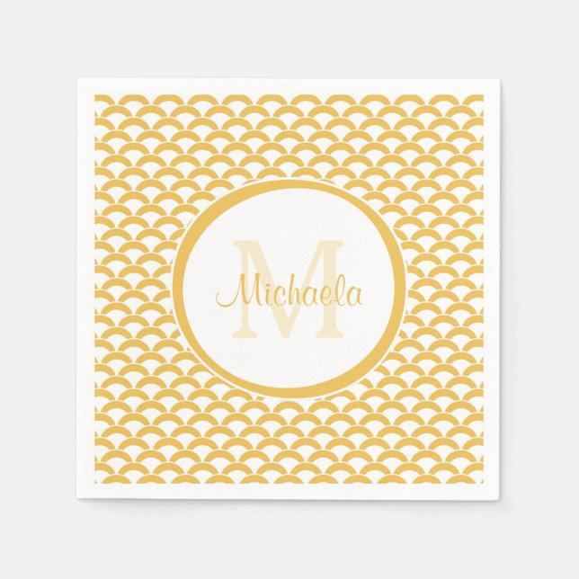 Modern Yellow and White Scallops Monogram and Name Napkin (Front)