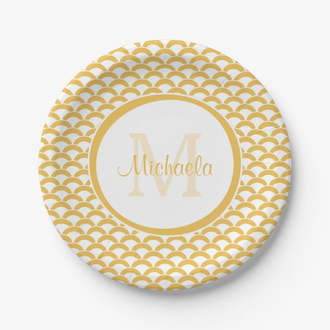 Modern Yellow and White Scallops Monogram and Name Paper Plate (Front)