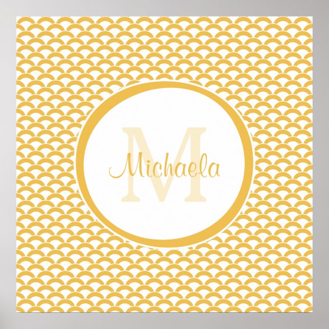 Modern Yellow and White Scallops Monogram and Name Poster (Front)