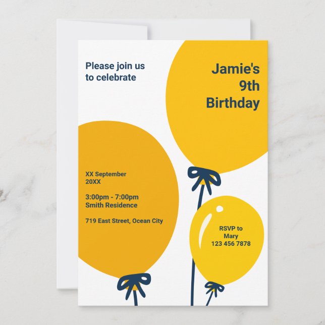 Modern Yellow Balloon 9th Birthday Invitation Card (Front)