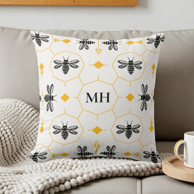 Modern Yellow Bee Pattern Black Elegant Monogram Cushion (Modern Yellow Bee Pattern Black Elegant Monogram Throw Pillow)