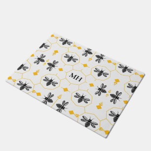Modern Yellow Black Bee Pattern Elegant Monogram Doormat