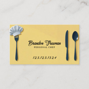 Modern Yellow & Black Chef Hat on Fork Utensils Business Card