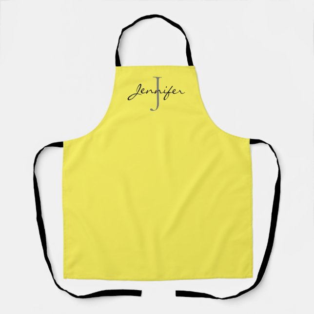 Modern Yellow Black Script Monogram Personalised Apron (Front)