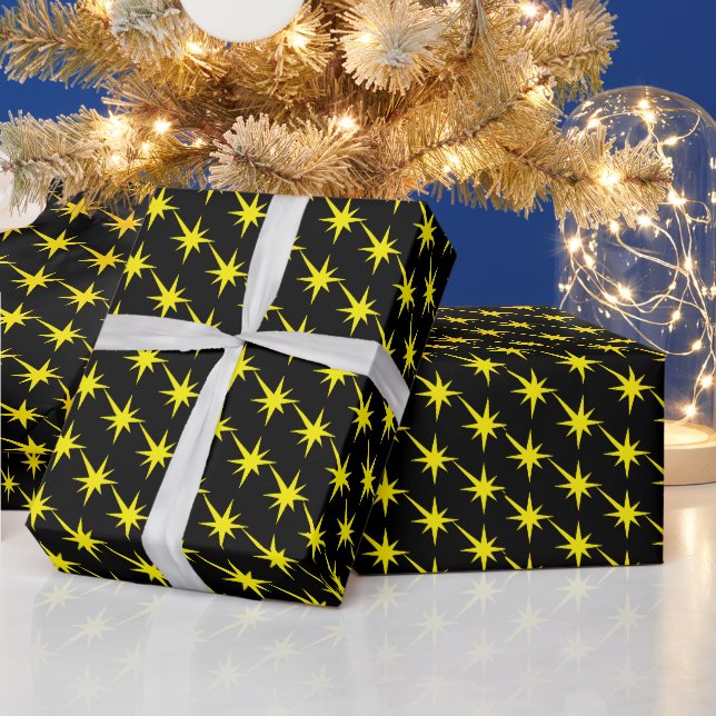 Modern yellow black starburst stars pattern cool wrapping paper (Holidays)