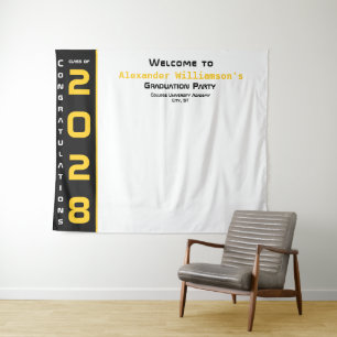 Modern Yellow Black White Graduation Party Welcome Tapestry