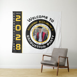 Modern Yellow Black White Graduation Photo Party Tapestry