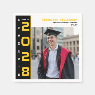 Modern Yellow Black  White Photo Graduation Party Napkin