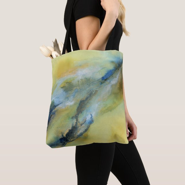 Modern Yellow Blue Abstract Marble Art Tote Bag (Close Up)