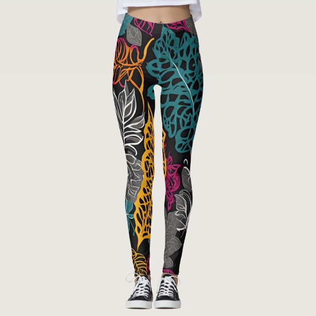Modern Yellow, Blue and Black Lacy Leaf  Leggings (Front)