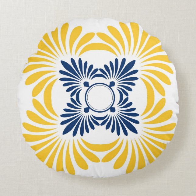 Modern Yellow Blue Floral Pattern Round Cushion (Front)