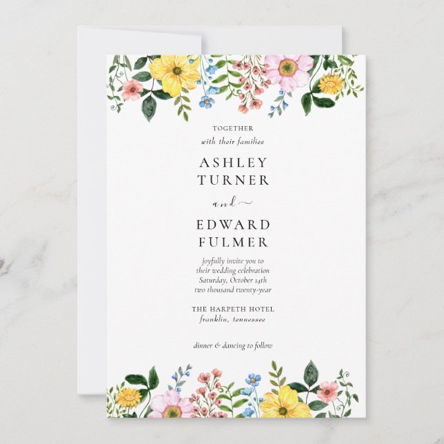Modern Yellow Blue Pink Spring Floral Wedding Invitation (Front)