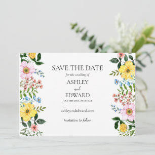 Modern Yellow Blue Pink Spring Floral Wedding Save The Date