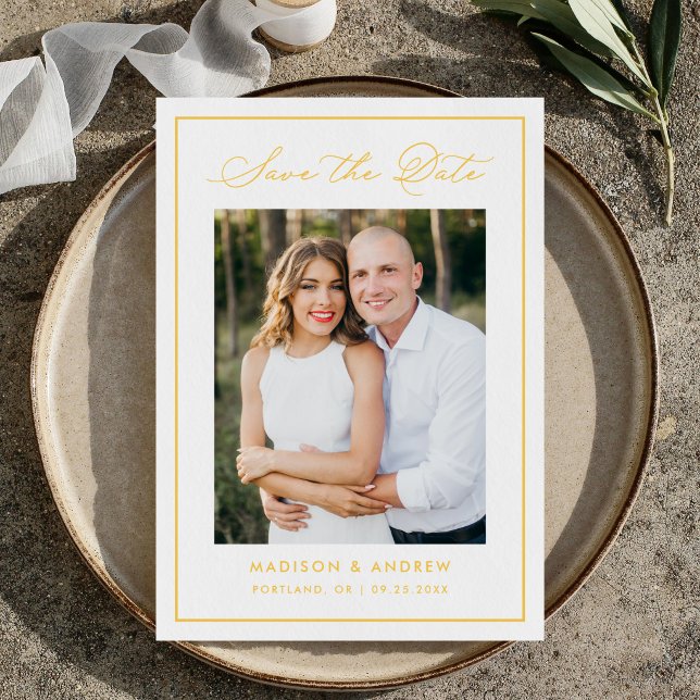 Modern Yellow Border Script Photo Wedding Save The Date (Creator Uploaded)