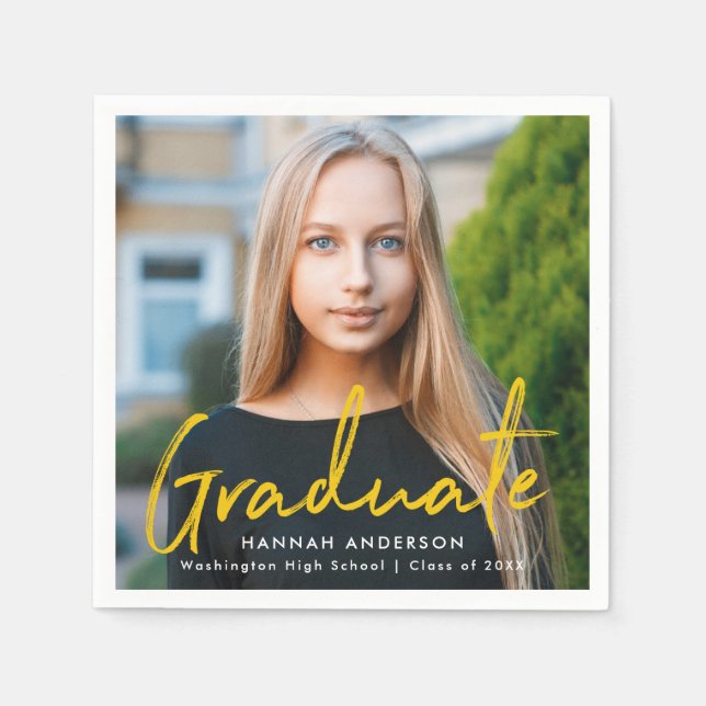 Modern Yellow Brush Script Photo Graduation Napkin (Front)
