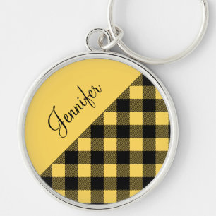 Modern Yellow Buffalo Plaid Check Pattern Name Key Ring