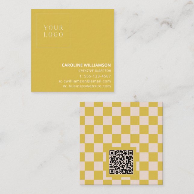Modern Yellow Chequerboard Logo Branding QR Code Square Business Card (Front/Back)