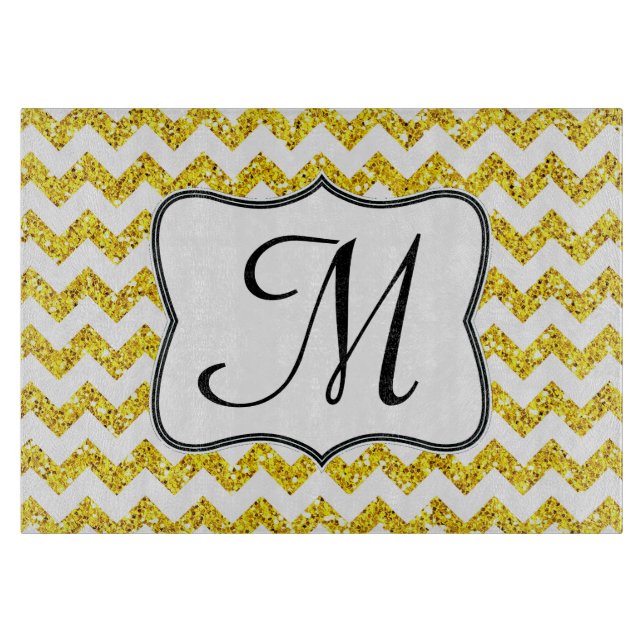 Modern Yellow Chevron Monogram Glass Cutting Board (Front)