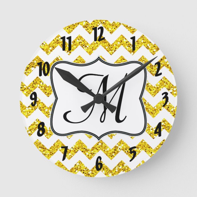 Modern Yellow Chevron Monogram Initial Wall Clock (Front)