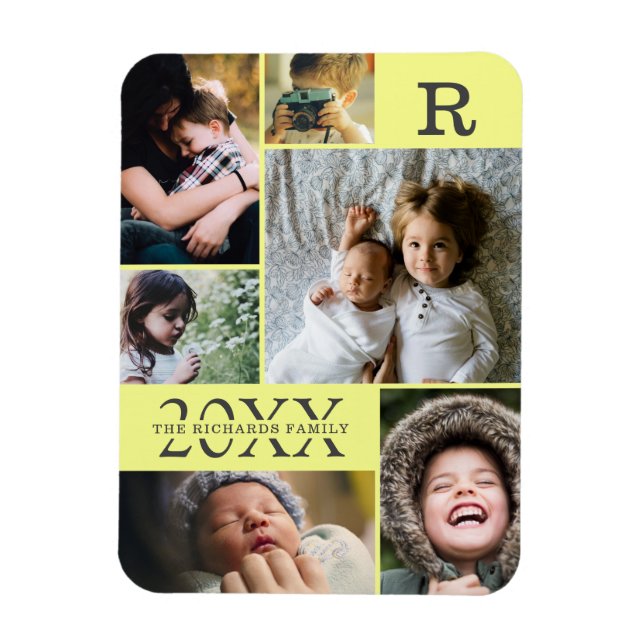 Modern Yellow Colour Block Family 6 Photo Collage Magnet (Vertical)