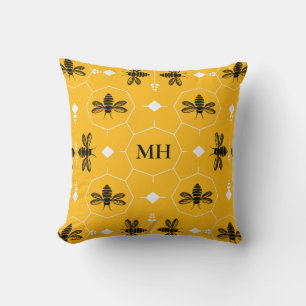 Modern Yellow Elegant Black Bee Pattern Monogram Cushion
