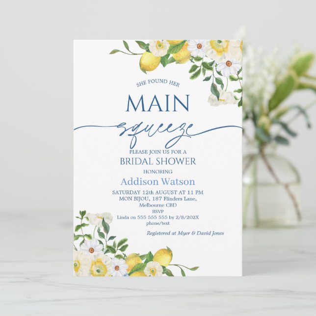 Modern Yellow Floral Lemon Themed Bridal Shower Invitation (Standing Front)