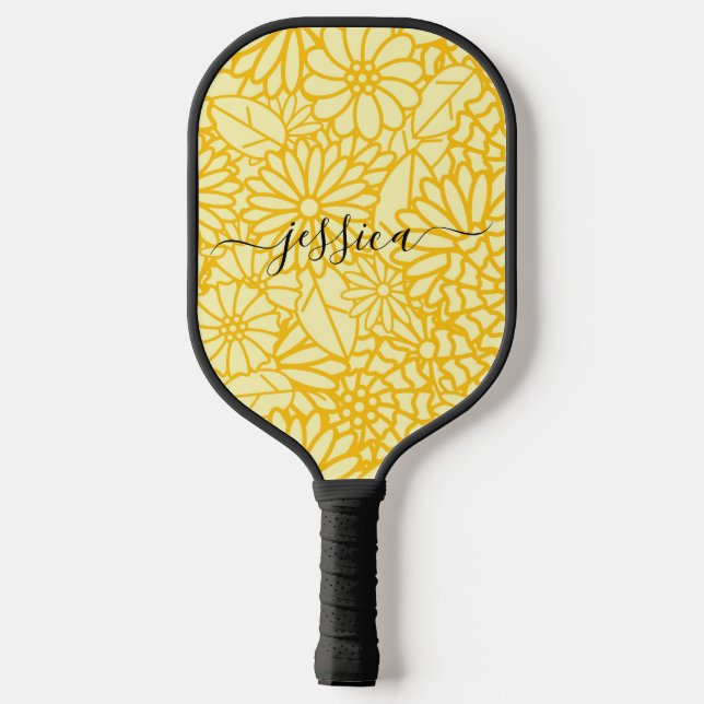Modern yellow floral script name pickleball paddle (Back)