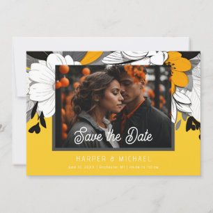 Modern yellow floral wedding photo save the date invitation