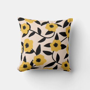 Modern Yellow Flowers Black Leaves Pattern Cushion