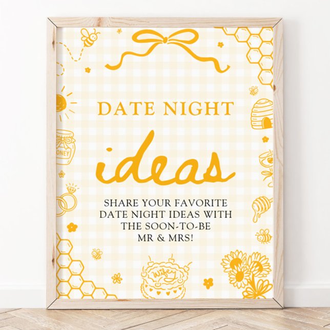 Modern Yellow Gingham Honey Bee Date Night Ideas Poster (Modern Yellow Gingham Honey Bee Date Night Ideas Game Sign)