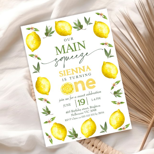 Modern Yellow Girls Our Main Squeeze 1st Birthday  Invitation (Main Squeeze 1st Birthday Invitation Template Baby Girl, Lemon First Birthday Party Invitation)